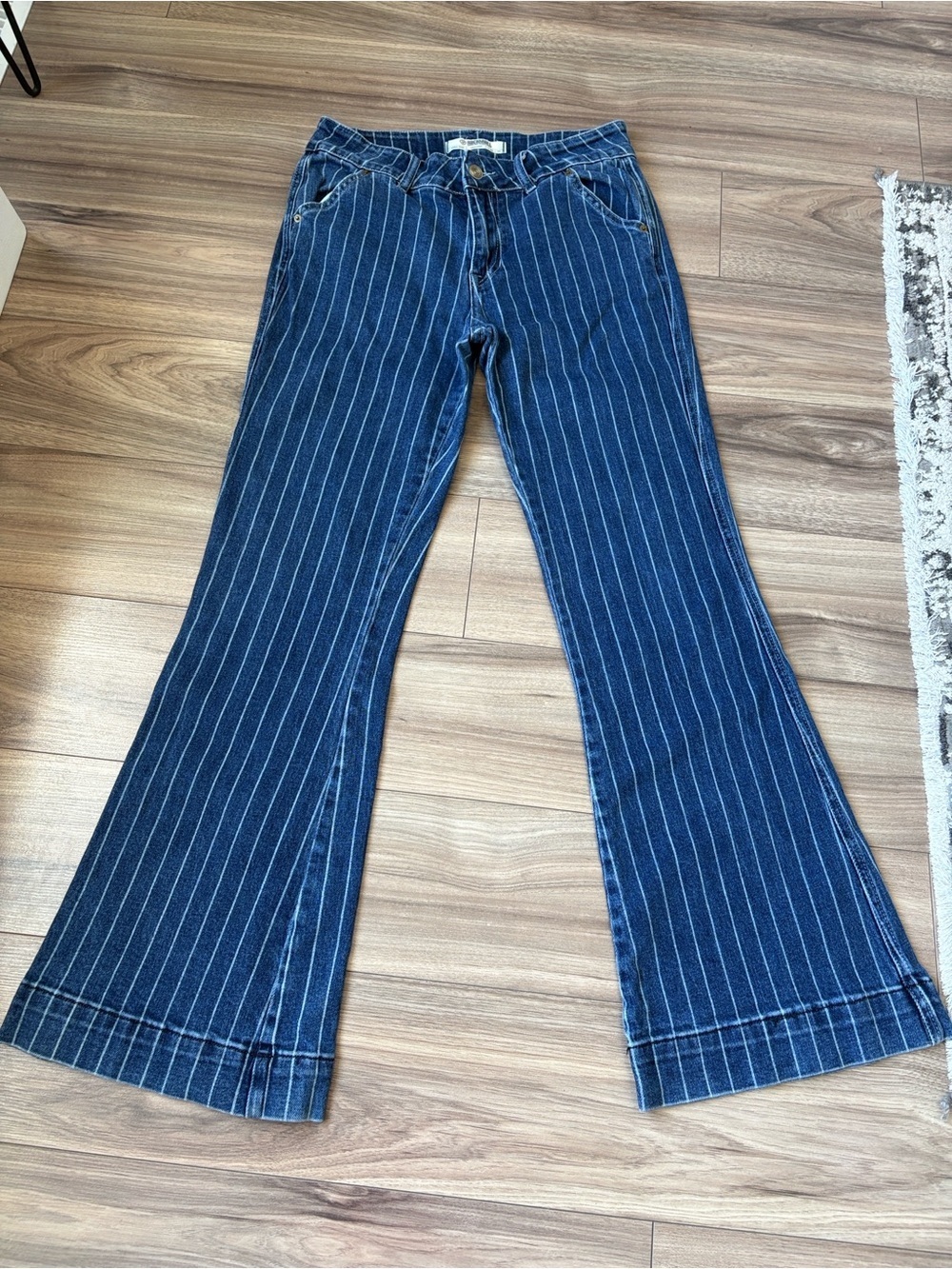 High-Rise Pinstripe Flare Jeans - Blue - Picture 5 of 8